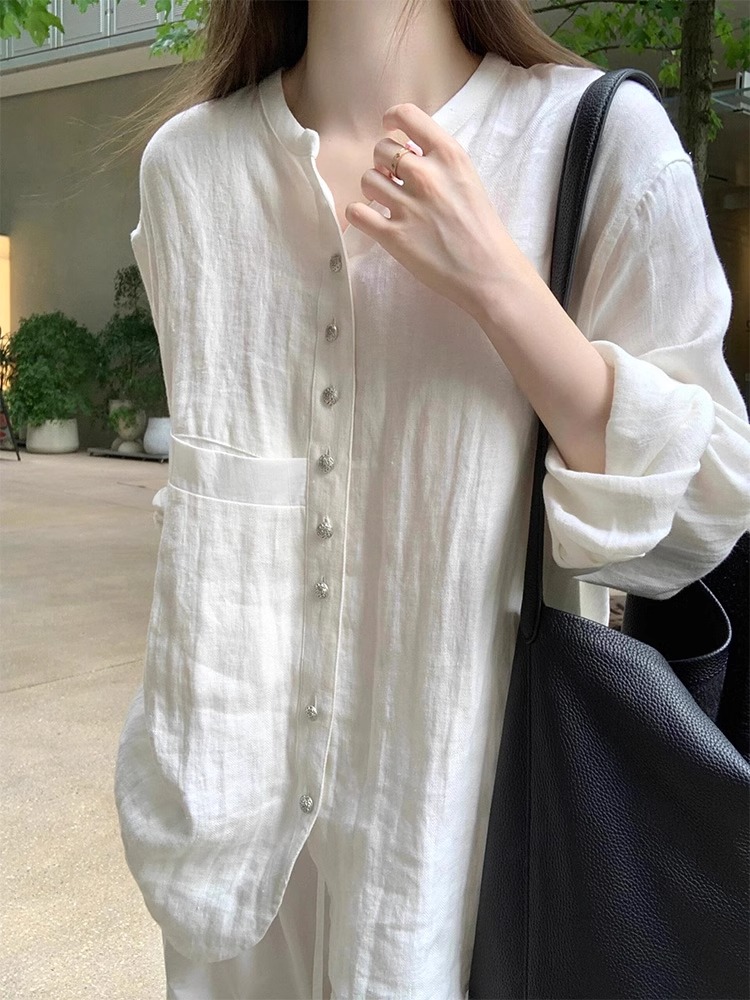 新中式亚麻防晒衬衫女夏季薄款2025新款国风棉麻白色衬衣外套上衣