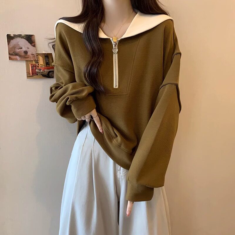 oversize卫衣女春秋2026新款大码宽松慵懒风海军领外套拉链上衣女