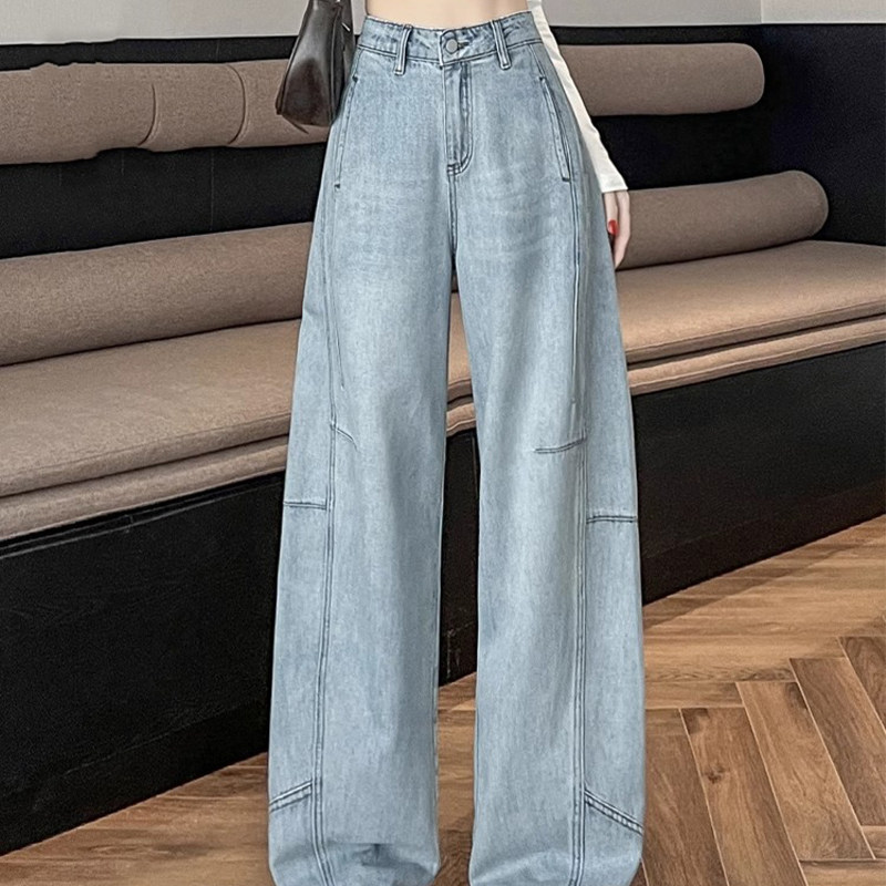浅色阔腿牛仔裤女夏季薄款2025新款小个子九分香蕉弯刀直筒裤子女