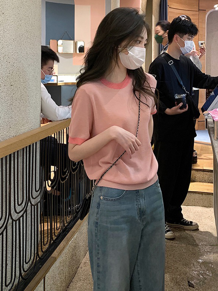 粉色冰丝针织短袖t恤女夏装2025新款设计感小个子短款正肩上衣女