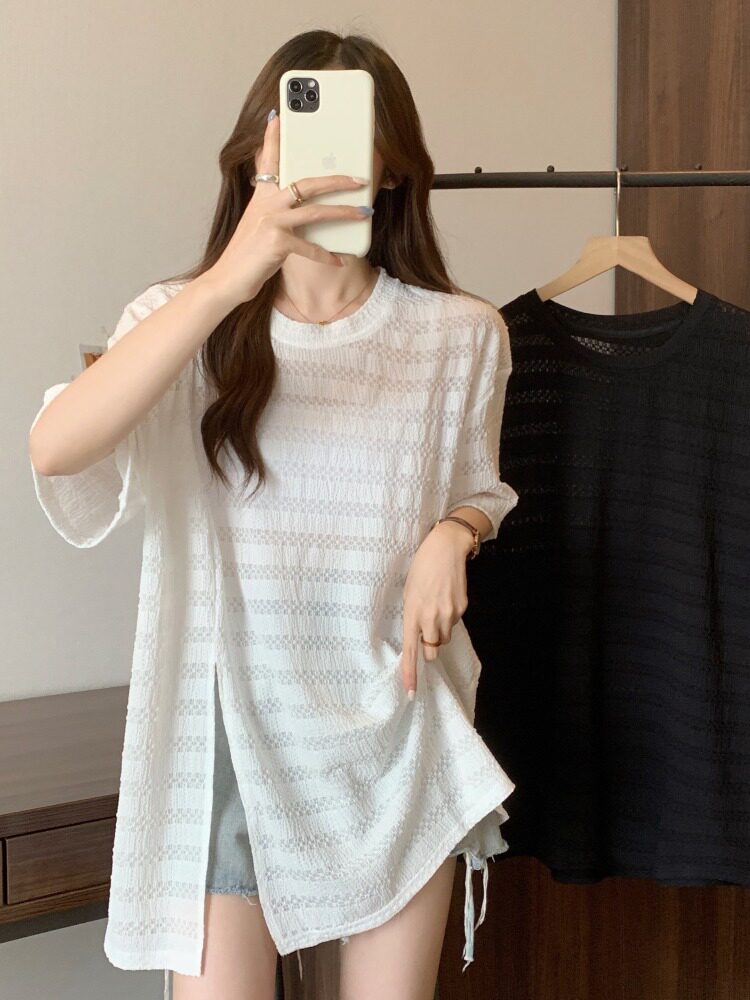大码蕾丝短袖T恤女夏季2025新款宽松中长款不规则开叉正肩上衣女