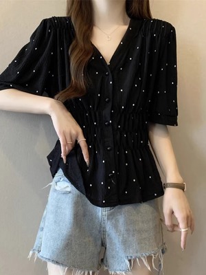 波点v领短袖衬衫女夏季2025新款大码法式显瘦气质荷叶边雪纺上衣