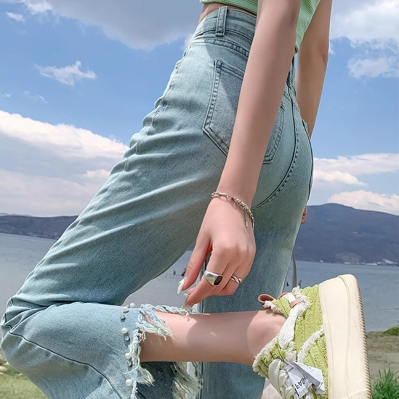 破洞微喇牛仔裤女小个子夏薄款2025年新款高腰显瘦直筒九分裤子女