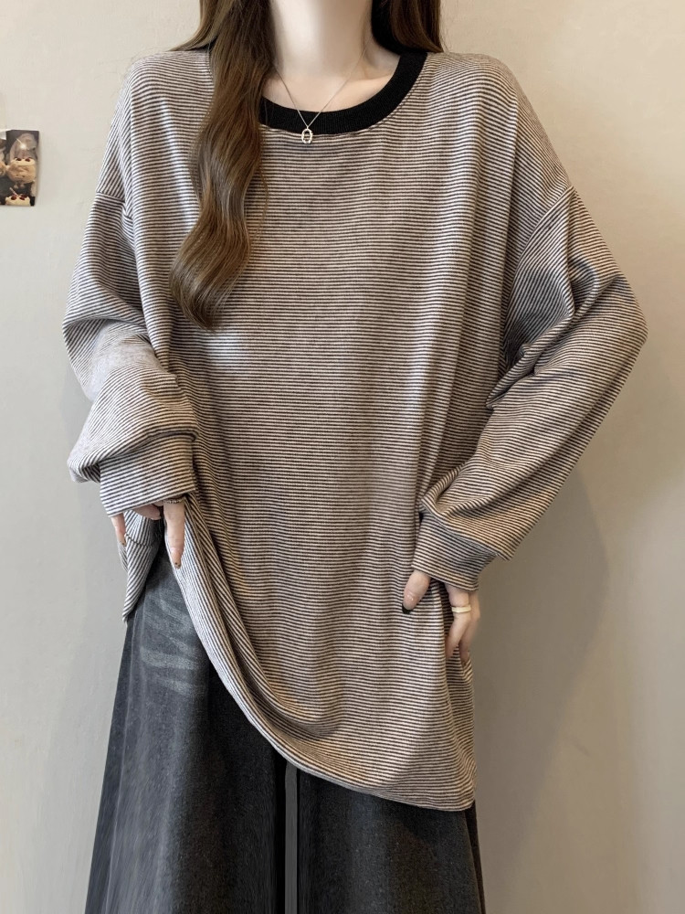 条纹卫衣女春秋2025新款大码长袖t恤女宽松慵懒打底衫中长款上衣