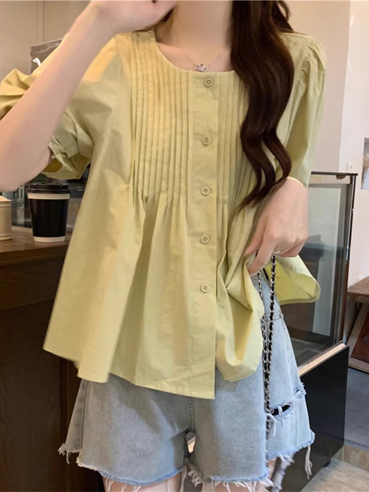 正肩衬衫女短袖t恤女夏季2025新款法式泡泡袖宽松短款娃娃衫上衣
