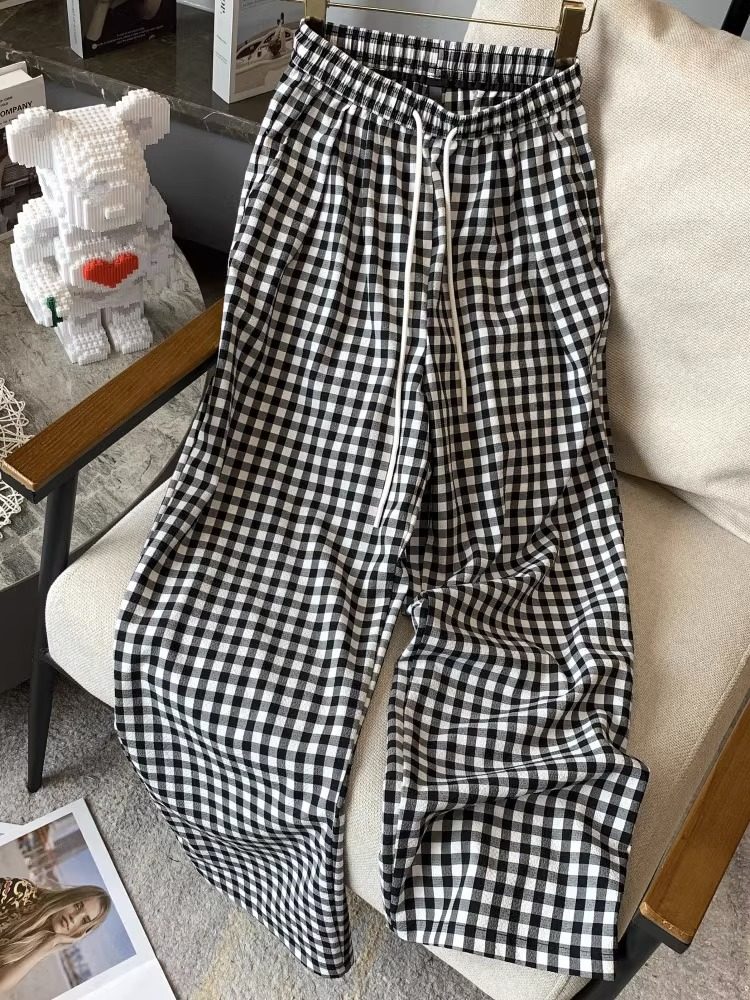 黑白格子阔腿裤女夏薄款2025新款高腰显瘦小个子休闲直筒拖地裤子