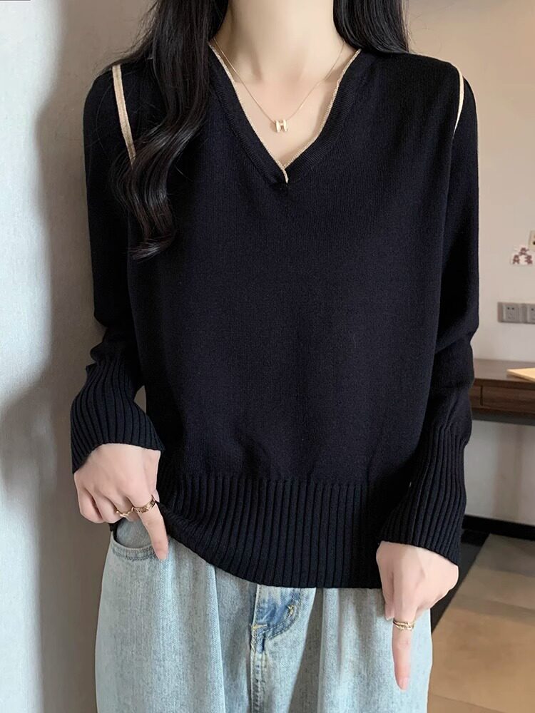 V领针织打底衫女春秋季2025新款时尚宽松显瘦大码长袖t恤正肩上衣