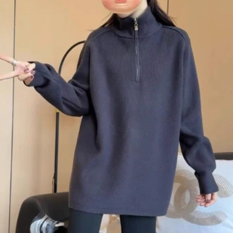 灰色半拉炼 炼 高领毛衣女秋冬2025新款慵懒套头中长版翻领针织衫