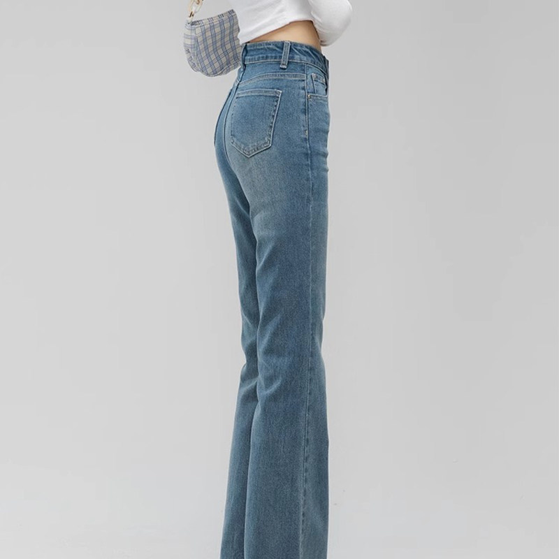 微喇牛仔裤女直筒2025春秋新款小个子不贴复古蓝色修身喇叭裤子女
