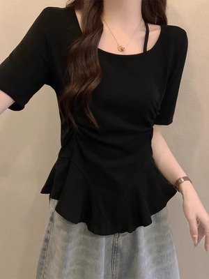 荷叶边正肩短袖T恤女夏季2025新款设计感小众大码不规则收腰上衣