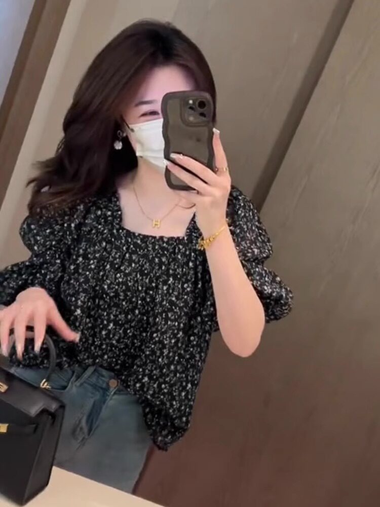 碎花雪纺衫女短袖t恤女夏季2025新款设计感小众时尚百搭甜美上衣
