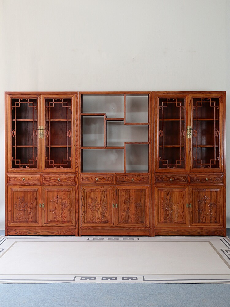 领超实木书柜组合中式书架仿古榆木多宝阁玻璃展示书橱隔断储物柜
