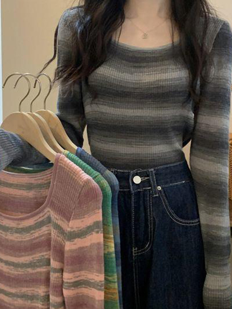 条纹打底衫女春秋薄款2025新款百搭韩版修身方领显瘦长袖T恤上衣