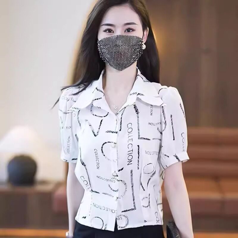 白色雪纺衫女夏季薄款2026新款修身显瘦洋气印花休闲翻领衬衣上衣