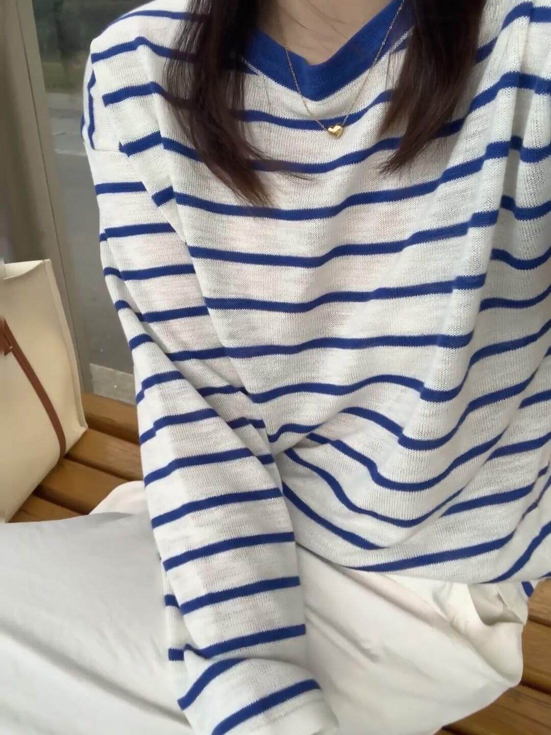 长袖t恤女春秋2025年新款蓝色条纹防晒针织衫小个子短款空调罩衫