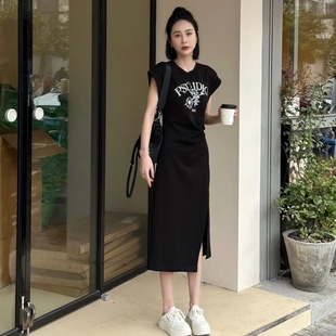 韩版 短袖 2024年新款 收腰显瘦印花休闲开叉T恤裙 连衣裙女夏季 时尚