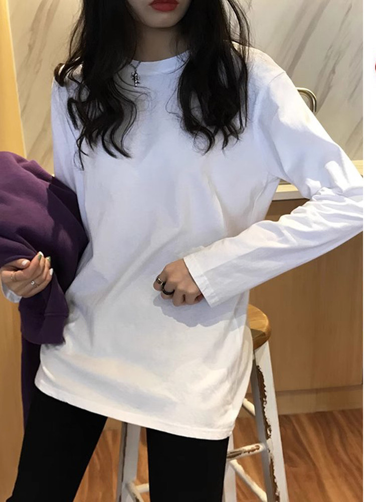 长袖t恤女春秋2025新款时尚叠穿韩版纯棉宽松中长内搭打底衫上衣