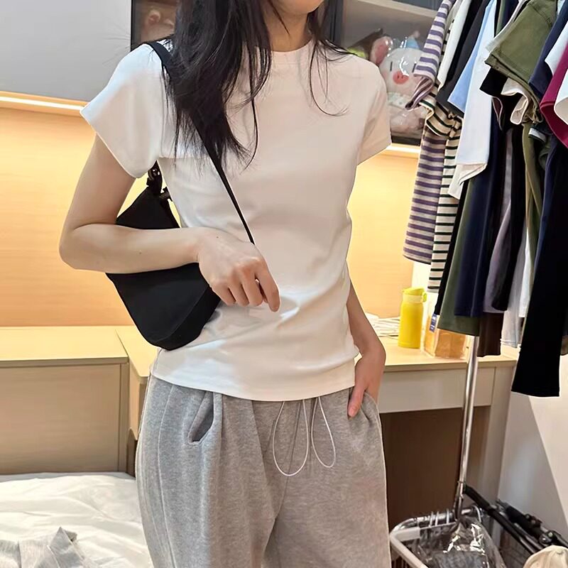 白色短袖t恤女夏季薄款2026新款内搭独特修身显瘦正肩打底衫上衣