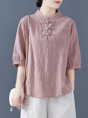 棉麻短袖T恤女夏季2025年新款韩版宽松中式盘扣立领亚麻覆古上衣