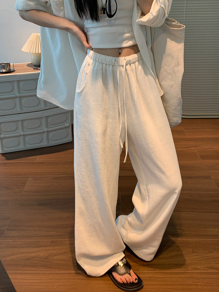 白色棉麻阔腿裤女春秋2025新款慵懒风高腰直筒休闲百搭亚麻拖地裤