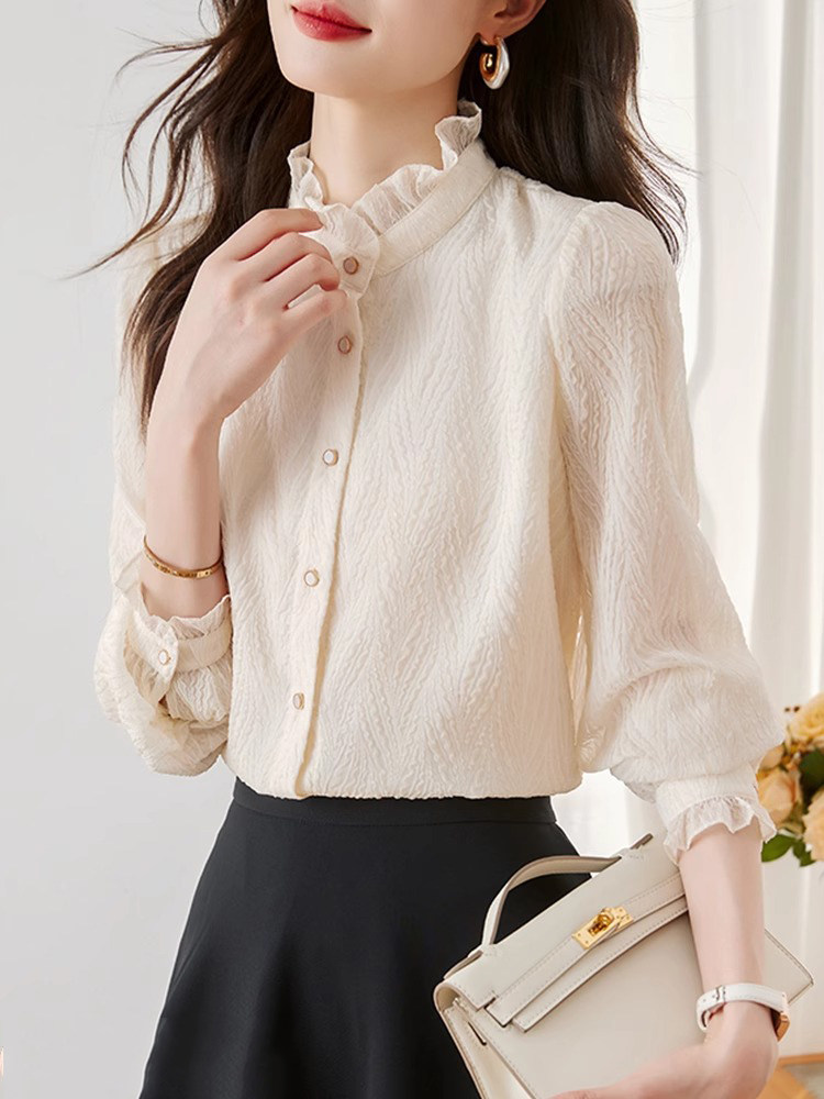 雪纺衬衫女2025春秋新款气质甜美简约时尚显瘦木耳边立领百搭上衣