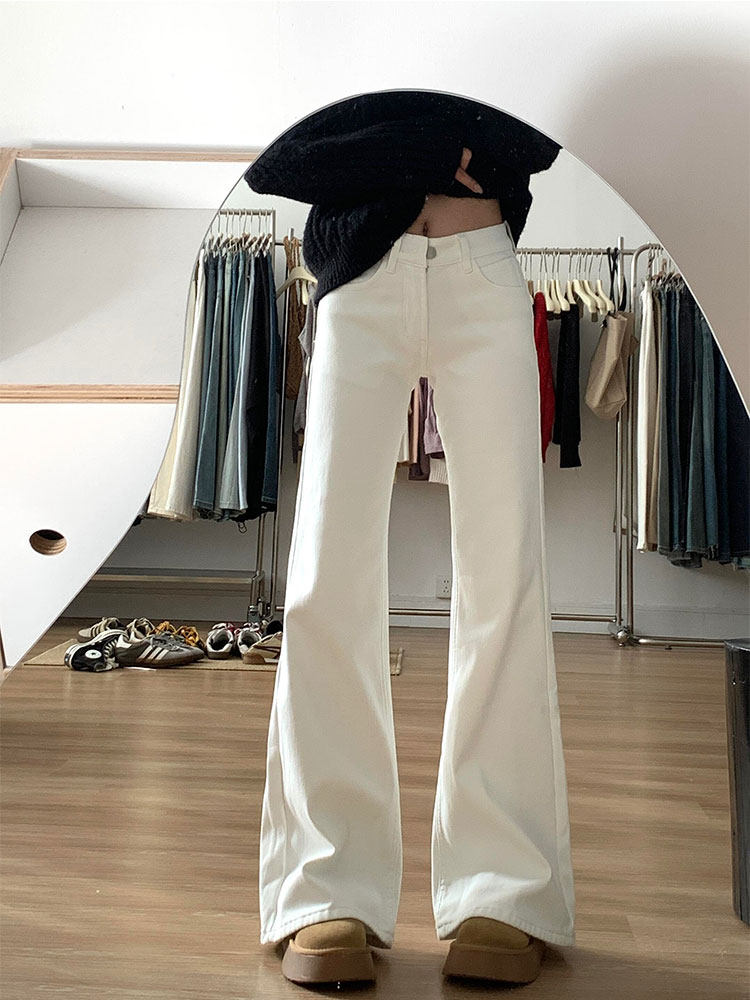 白色微喇牛仔裤女春秋2025新款窄版高腰直筒大码胖mm显瘦喇叭裤子