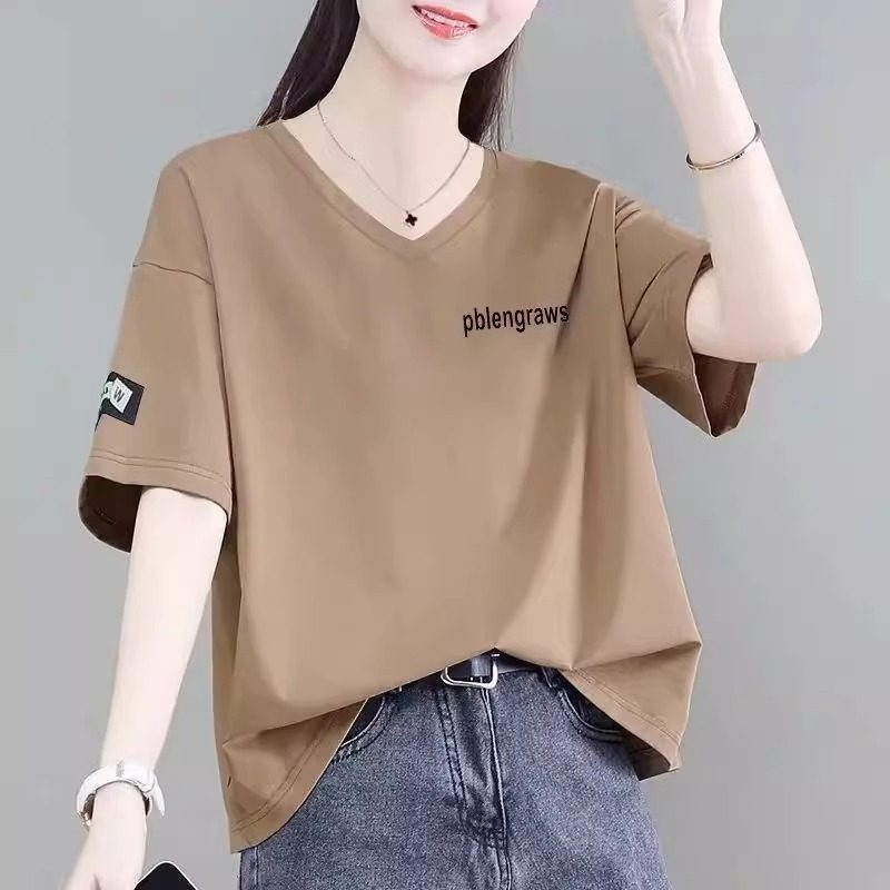 纯棉短袖t恤女夏季薄款2025新款韩版宽松大码显瘦V领半袖体恤上衣