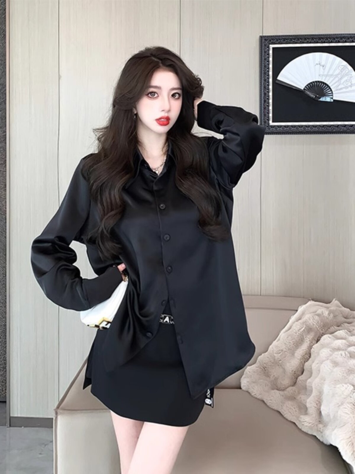 缎面衬衫女春秋2025新款时尚百搭高级感法式醋酸宽松黑色长袖上衣