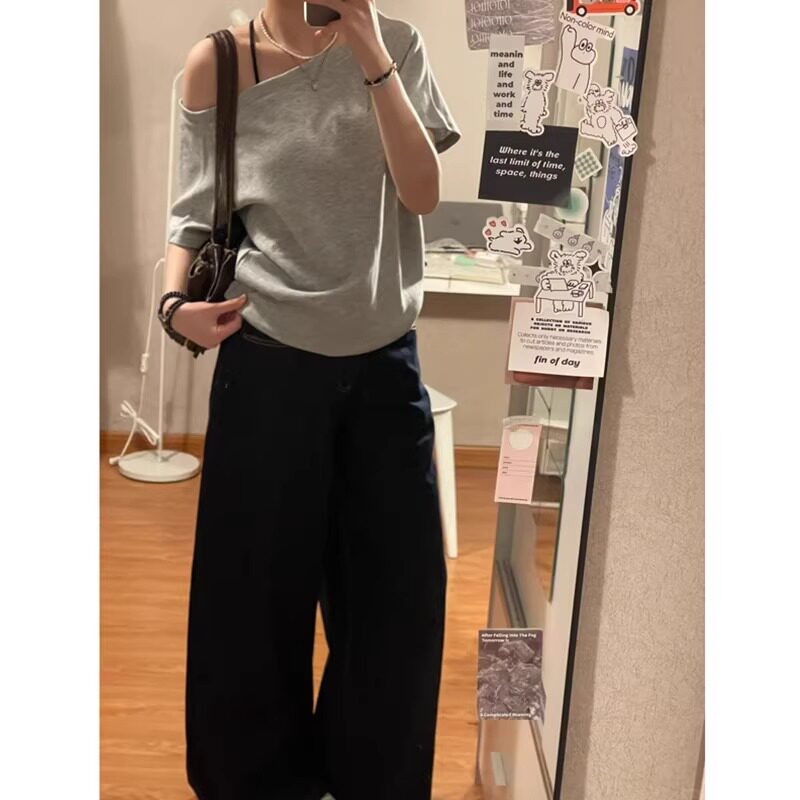灰色短袖T恤女夏季薄款2026新款韩版露肩纯欲一字肩半袖T恤上衣