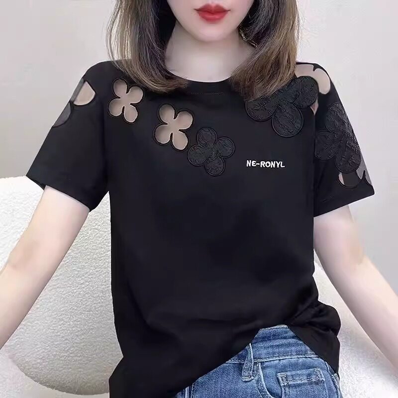 纯棉短袖t恤女夏季薄款2026新款设计感小众网纱宽松显瘦半袖上衣