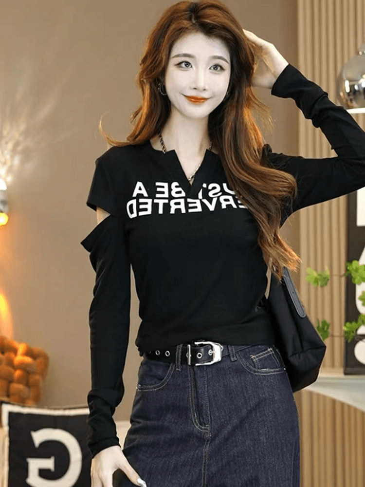 长袖T恤女春秋2025年新款字母破洞修身显瘦设计感洋气打底衫上衣