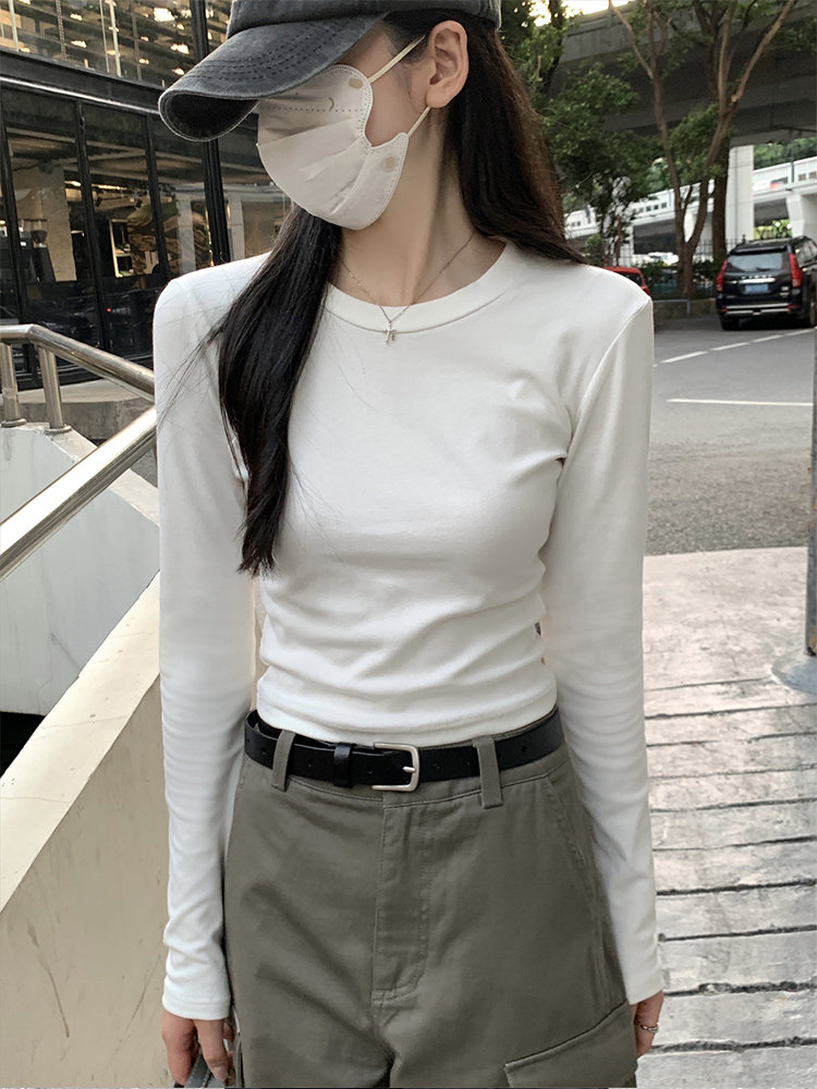 修身t恤女春秋薄款2025年新款时尚白色弹力正肩显瘦长袖打底上衣