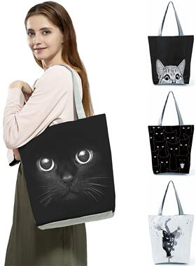 High Capacity Animal Design Bags Women Bag Black Cat Print S