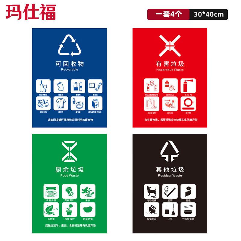 玛仕福新国标通用款垃圾分类标示贴不干胶自粘PVC贴纸30*40cm1套4