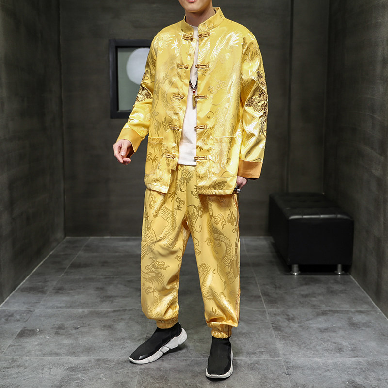 TANG SUIT JACKET SUIT MENS CASUAL SPORTS EMBROIDERED DRAGON PATTERN TRAINING SUIT DOUBLE-BREASTED JACKET CHINESE STYLE PIMPLE BUTTON OUTERWEAR TIDE