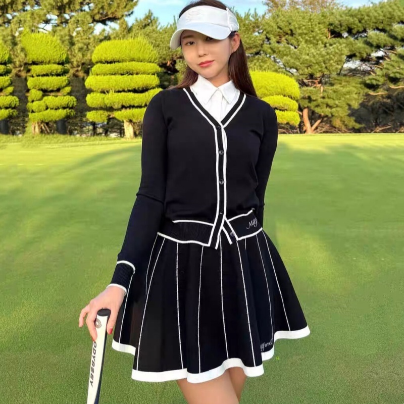 Miford高尔夫服装  秋冬女子运动针织长袖开衫外套百褶裙子套装