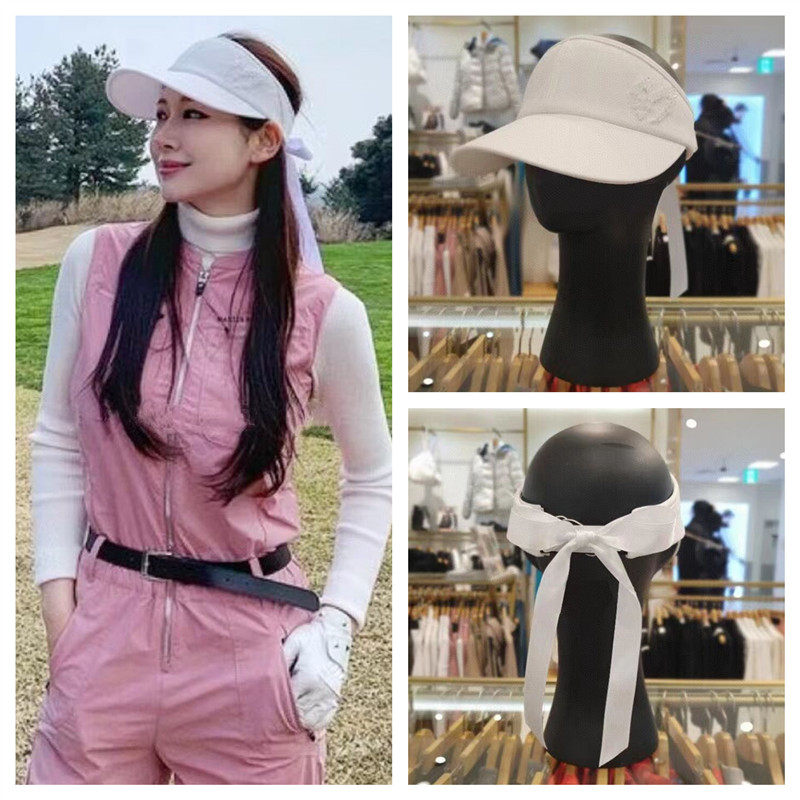 韩版高尔夫帽子女士遮阳帽GOLF大檐帽 丝带款无顶帽帽 白色运动女
