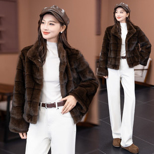 高端仿水貂皮草外套女士冬季 立领奢华大牌高级感皮毛一体大衣 短款