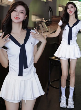 时尚休闲披肩短袖T恤短裙裤两件套女夏季新款洋气减龄运动服套装