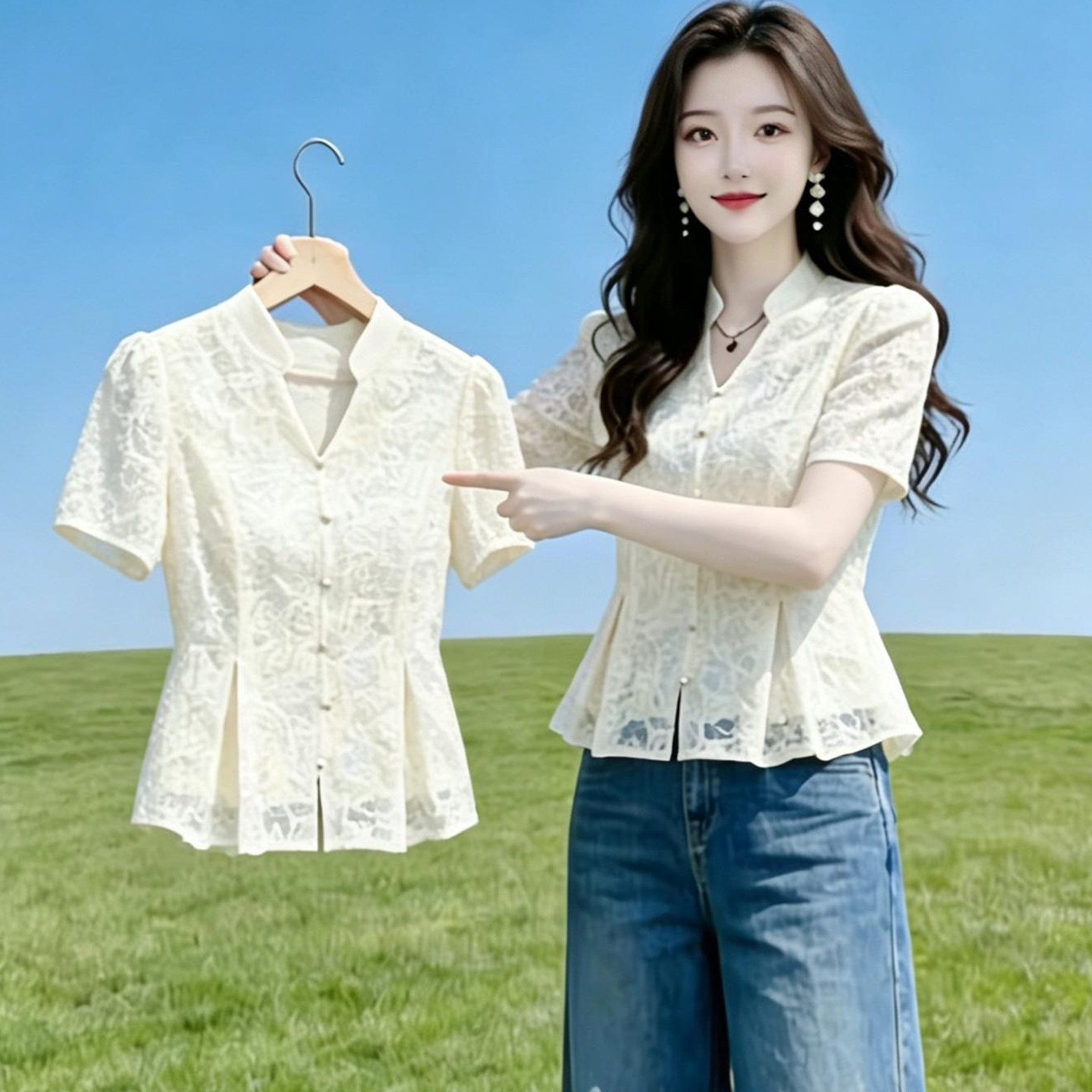 时尚法式V领短袖蕾丝衬衫女夏季新款小个子收腰气质减龄衬衣小衫