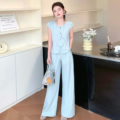 时尚休闲洋气质无袖马甲阔腿裤两件套女夏季新款法式复古职业套装