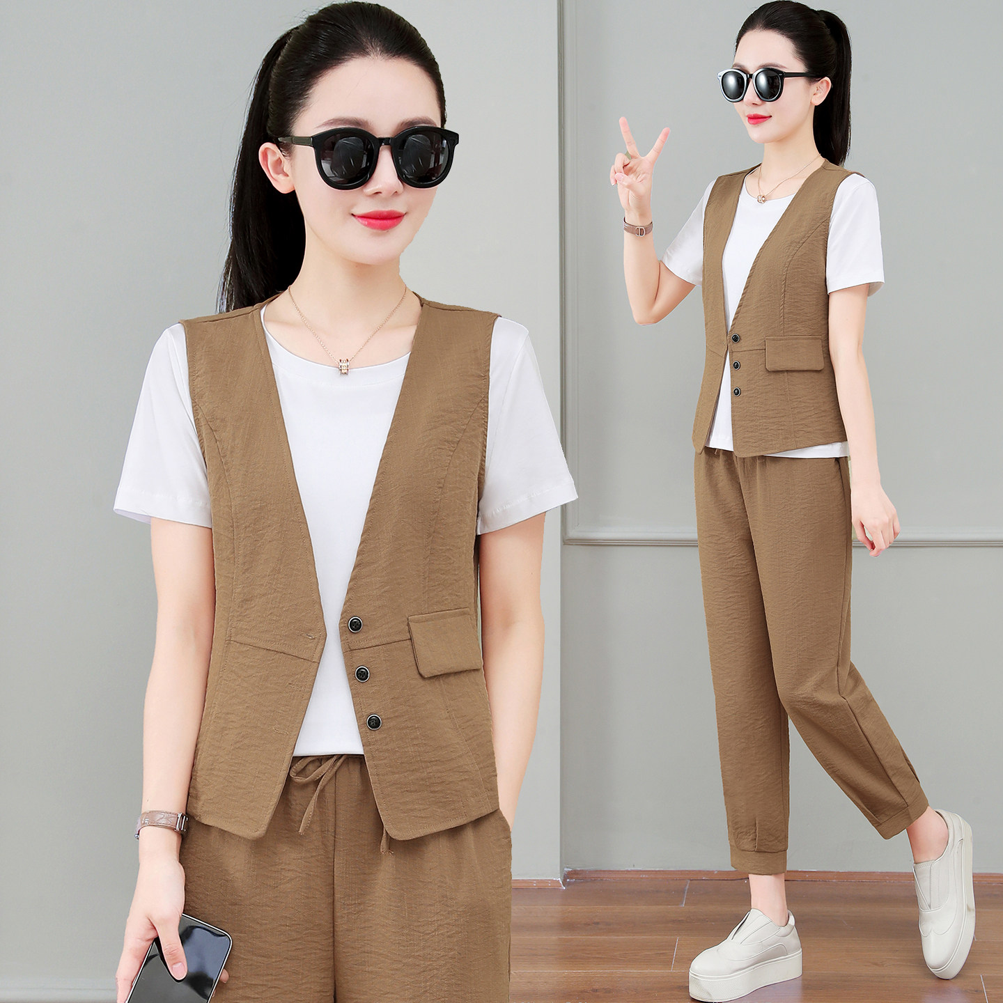 时尚套装女2026夏季新款时髦洋气质韩版短袖T恤+马甲哈伦裤三件套