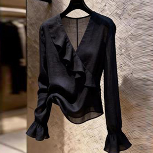 荷叶边拼接V领长袖衬衫女夏季新款时尚洋气显瘦百搭减龄衬衣小衫