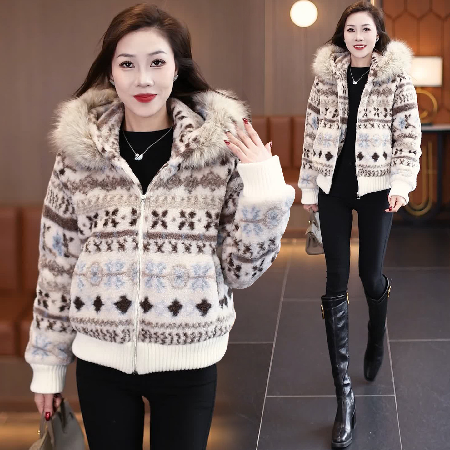 加绒加厚毛领连帽外套女士冬季新款时尚休闲小个子短款羊羔毛上衣,女装/女士精品,短外套,淘宝优惠券,粉丝福利购,淘宝优惠卷