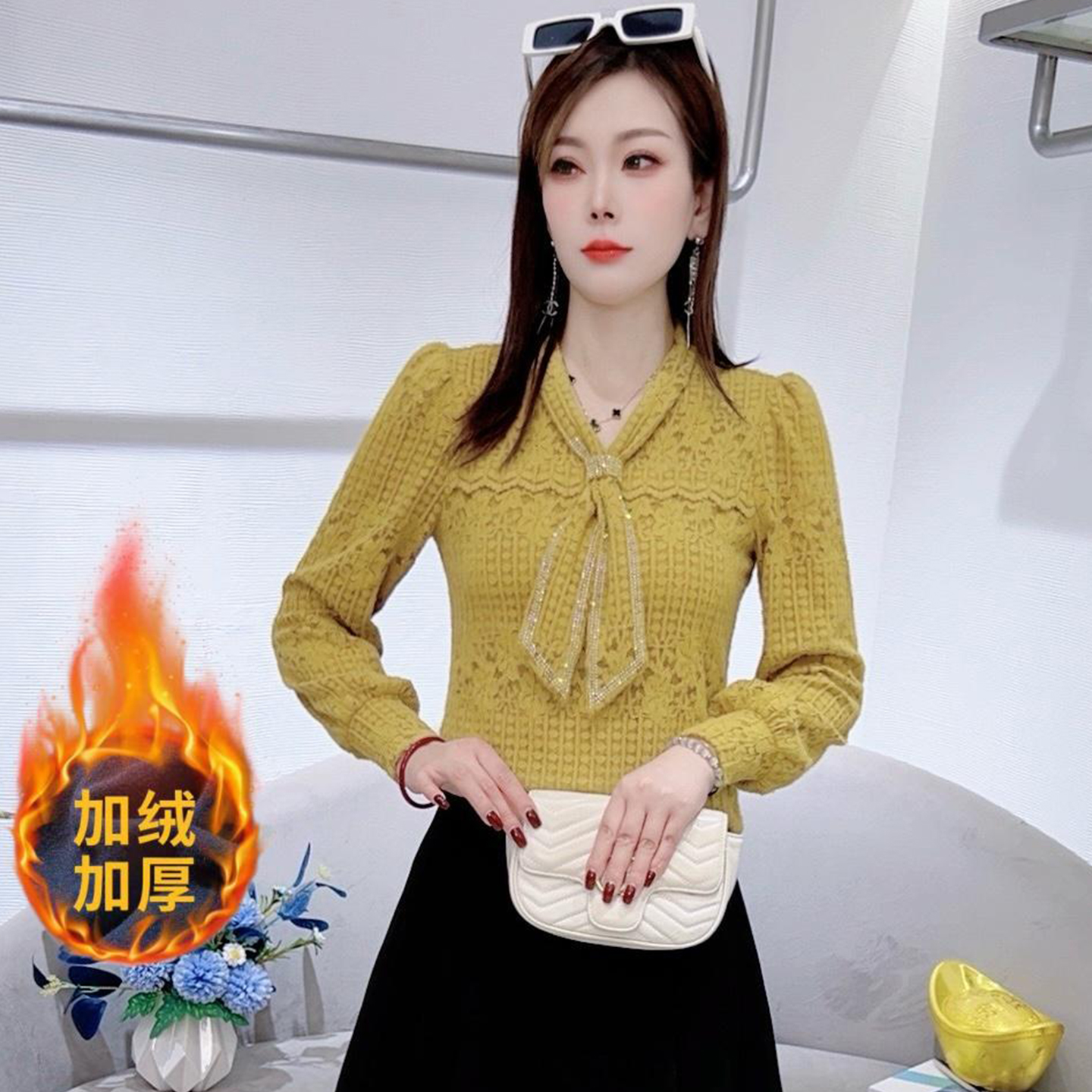 时尚蕾丝拼接衬衫女秋冬新款洋气质韩版加绒衬衣百搭减龄打底小衫