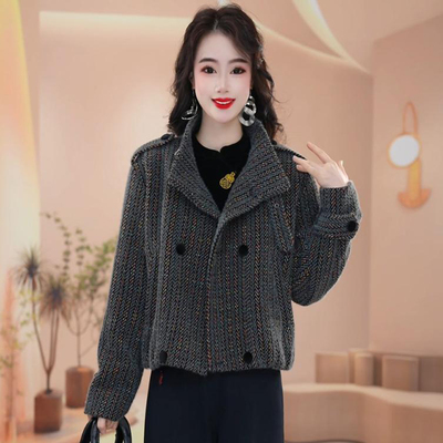 2025春秋新款短款毛呢料翻领外套女时尚洋气质韩版双排扣开衫上衣