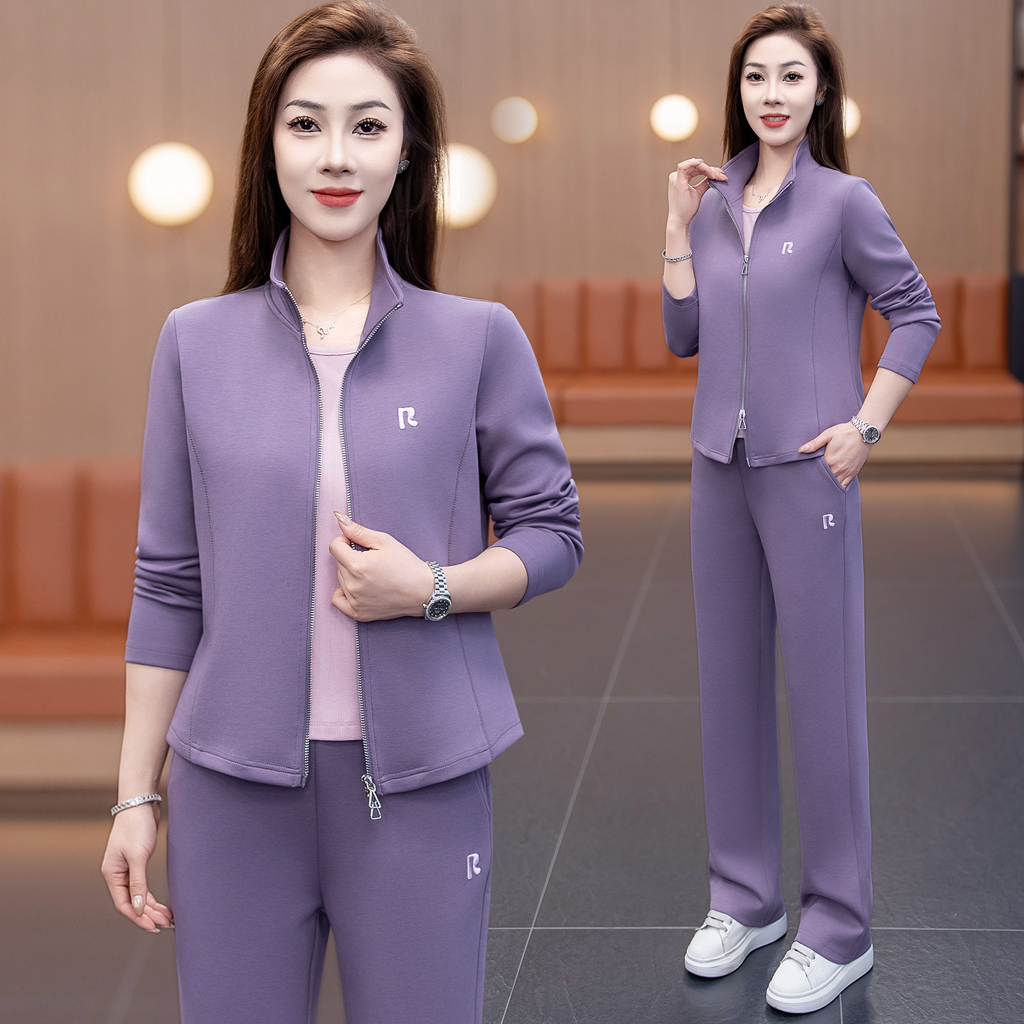 休闲运动套装女2026春季新款时髦洋气韩版假两件卫衣直筒裤两件套图片