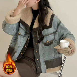 羊羔毛拼接牛仔外套女冬季新款洋气设计感时髦保暖加厚羽绒服上衣