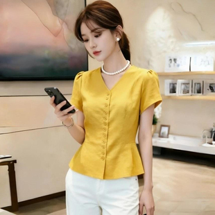 时尚V领短袖衬衫女夏季新款小个子洋气韩版显瘦百搭短款衬衣小衫