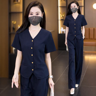 时髦洋气显瘦休闲职业套装 V领短袖 两件套女春夏新款 时尚 T恤直筒裤